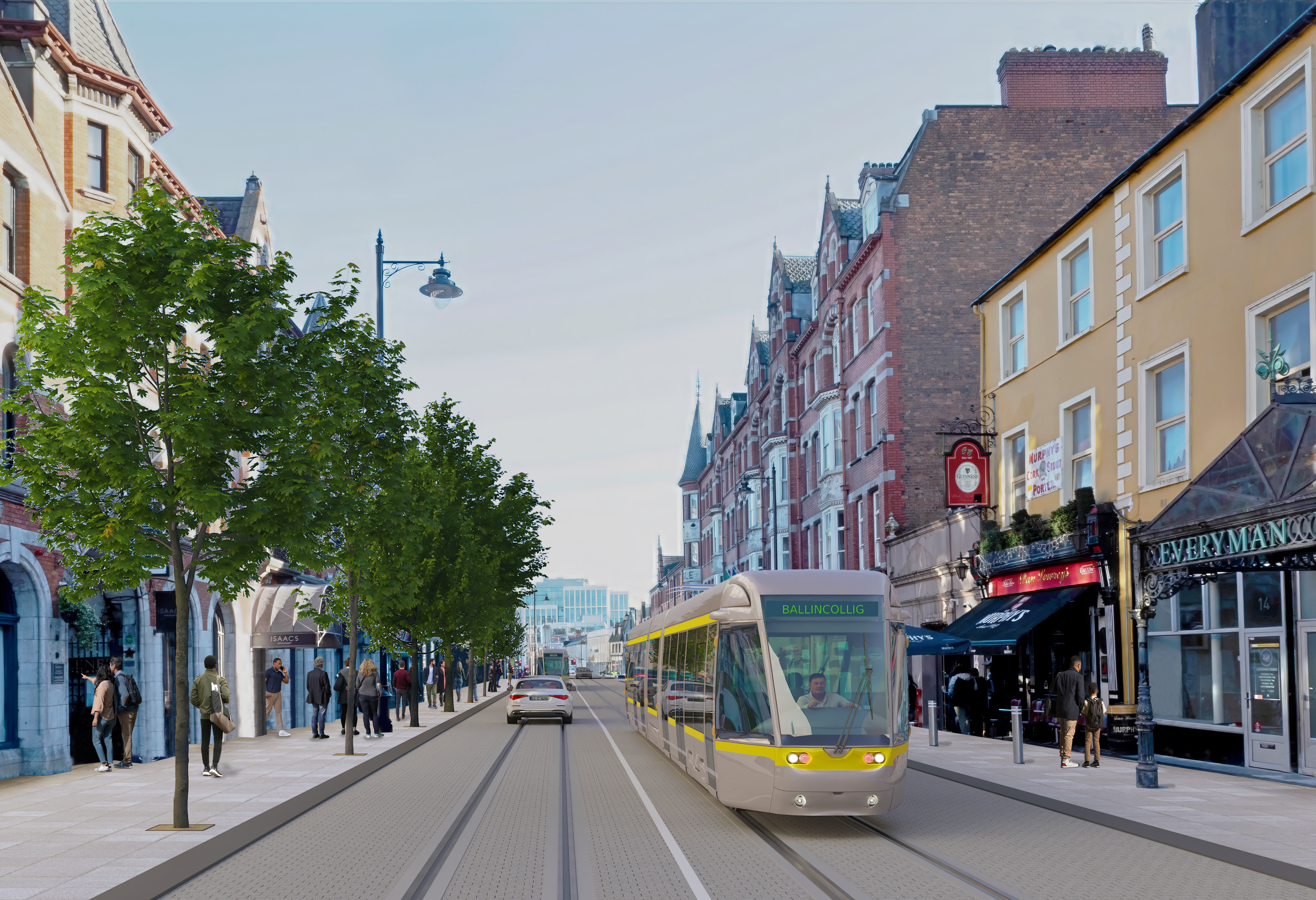 Radharc táscach de Luas Chorcaí trí Shráid Mhic Curtáin